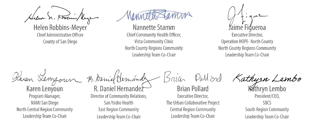 A Signature block of all of the regional Community Leadership Team Community Co-Chairs and the CAO of the County of San Diego