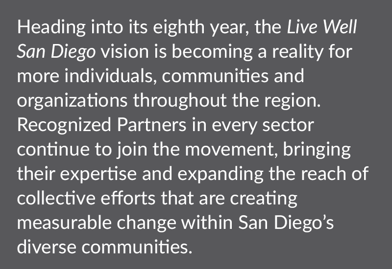 Heading into its eight year the live well san diego vision is becoming a reality for more individuals, communities, and organizations throughout the region.  