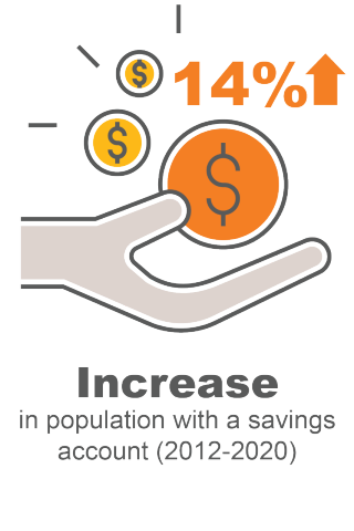 14% increase in population with a savings account (2012-2020)