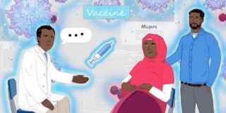 A frame of a Somali couple talking to their doctor from the SHIFA VR animation