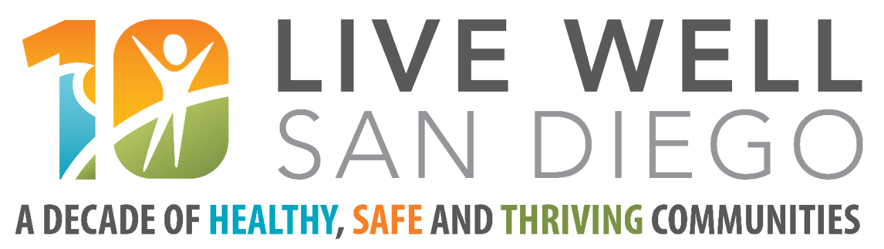 Live Well San Diego, a decade of healthy, safe and thriving communities. 10-year logo