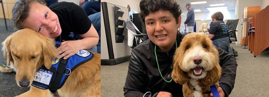 Two happy young women with dogs