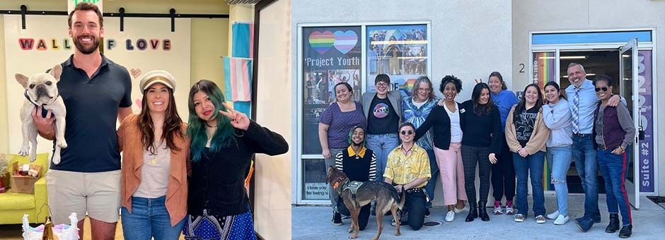 3 adults standing at the North County Resource Center and a group shot of several people at the center.