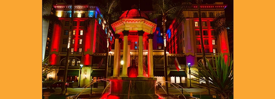 Horton plaza park lit up at night 