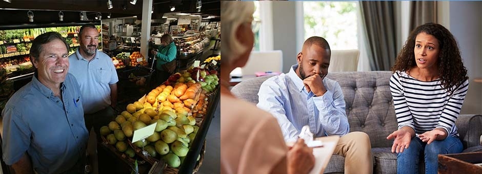 Couple in therapy, men with produce in foreground