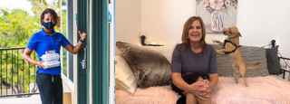 Left - Hanan Scrapper delivering food to an apartment; Right Tami Menard sitting on a daybed with her pup "baby"