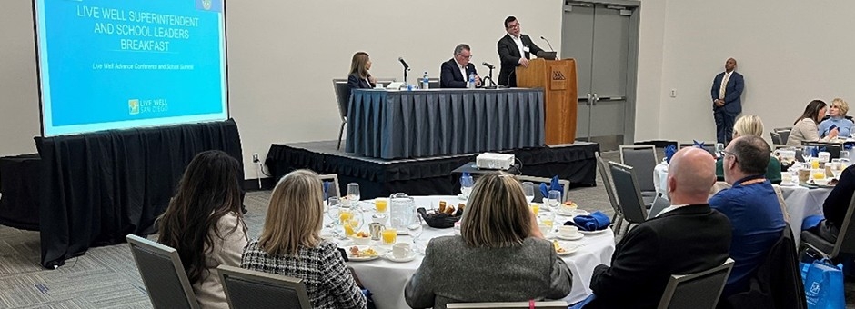 HHSA Director Nick Macchione provides opening remarks during the Superintendents’ Breakfast at the School Summit, part of the 2022 Live Well Advance.