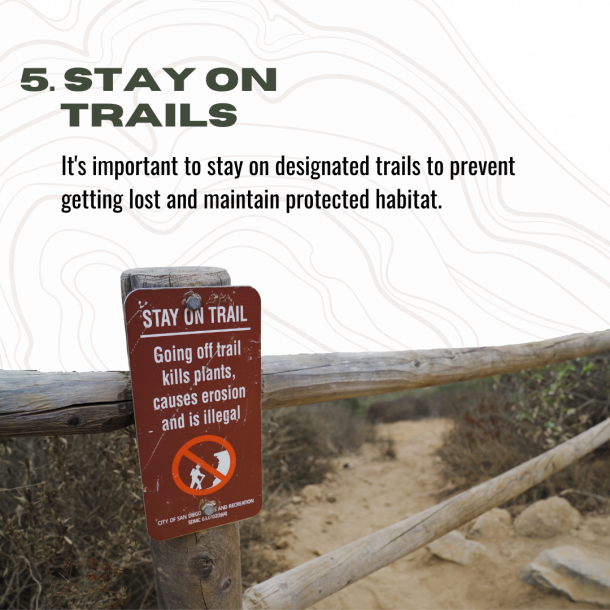 Hiking tip number 5, stay on trails: it's important to stay on designated trails to prevent getting lost and maintain protected habitats.