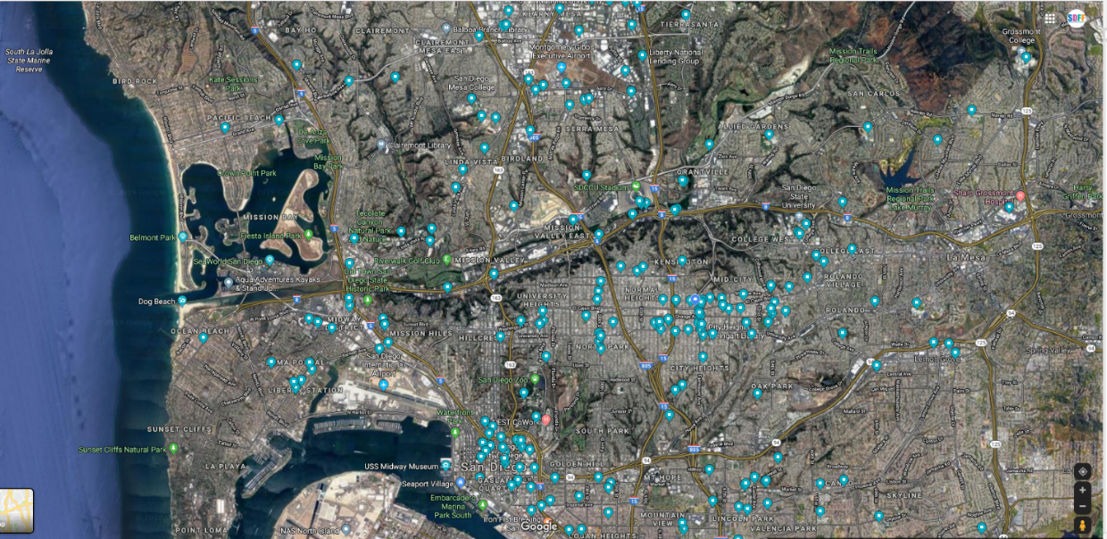 A map of nonprofits who have received computer donations from San Diego Futures Foundation.